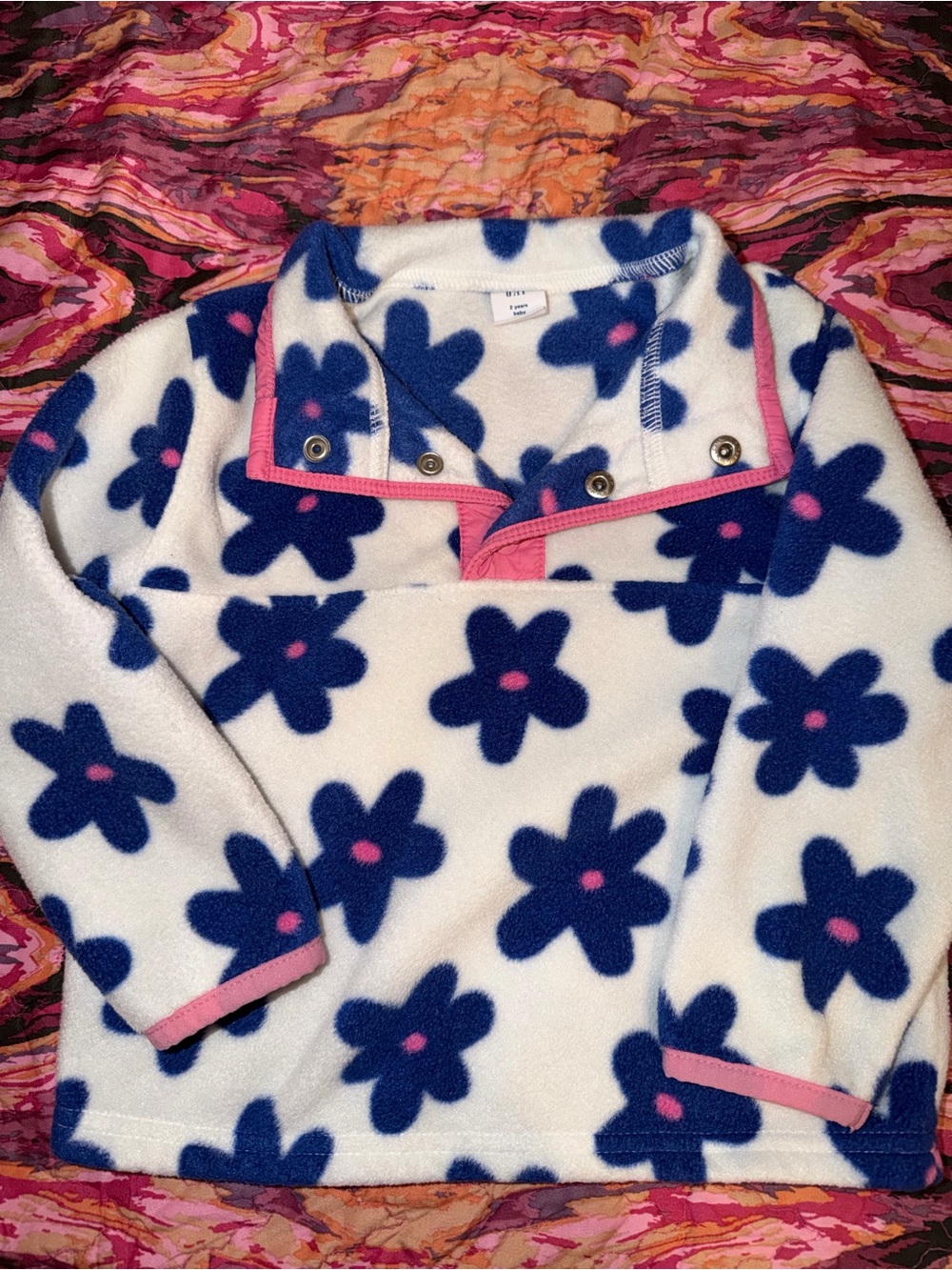 GAP White Fleece Pullover with Blue Floral Print and Pink Trim